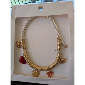 ZARA Necklace Women's Seashore Charms Golden Enamel Cream Cord Statement Coastal